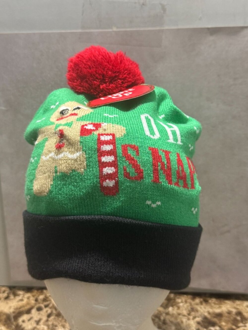 Light-Up Christmas Beanie "Oh Snap!" Gingerbread Design With Red Pom